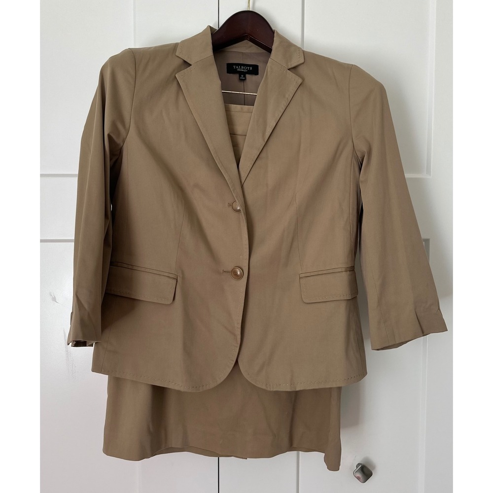 Talbots Womens Tan Khaki Skirt Suit Set 2 Piece Blazer Pencil Skirt Size 10
